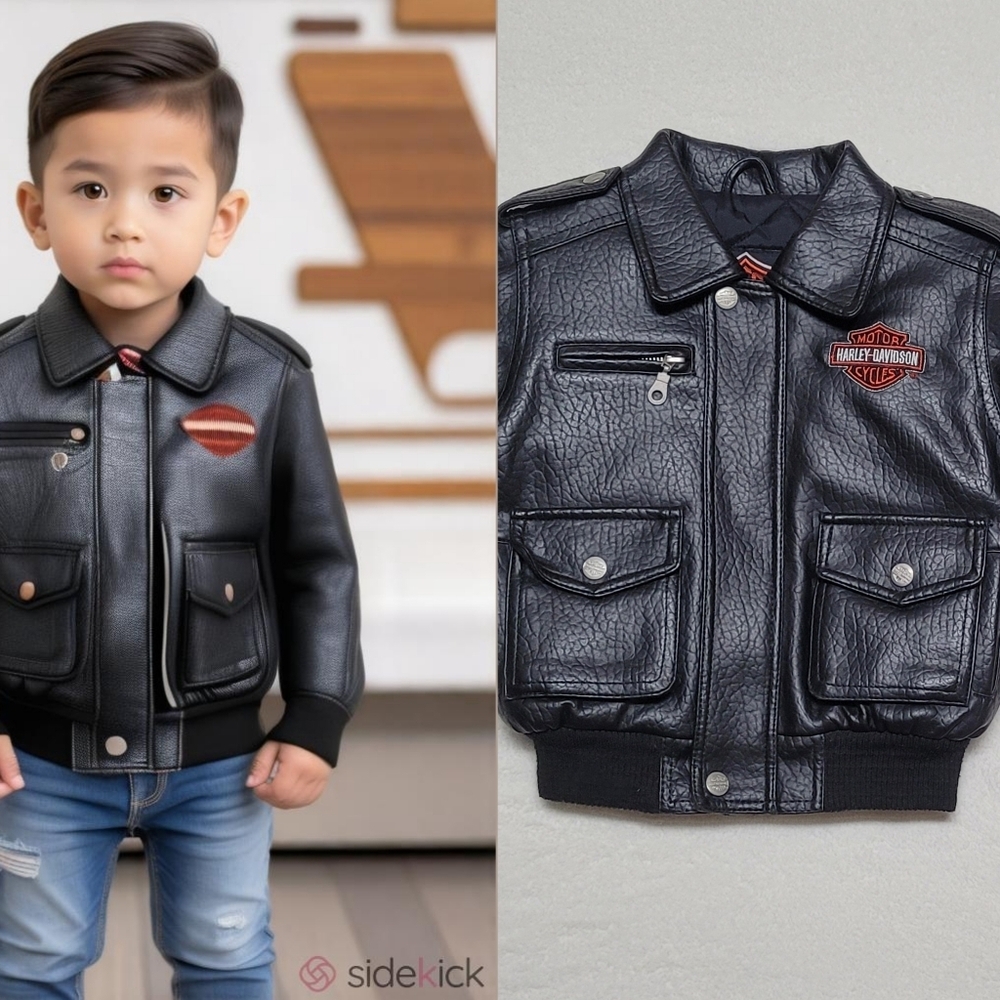Harley Davidson Vintage 90s Boys 3T Black Pebbled Faux Leather Bomber Jacket